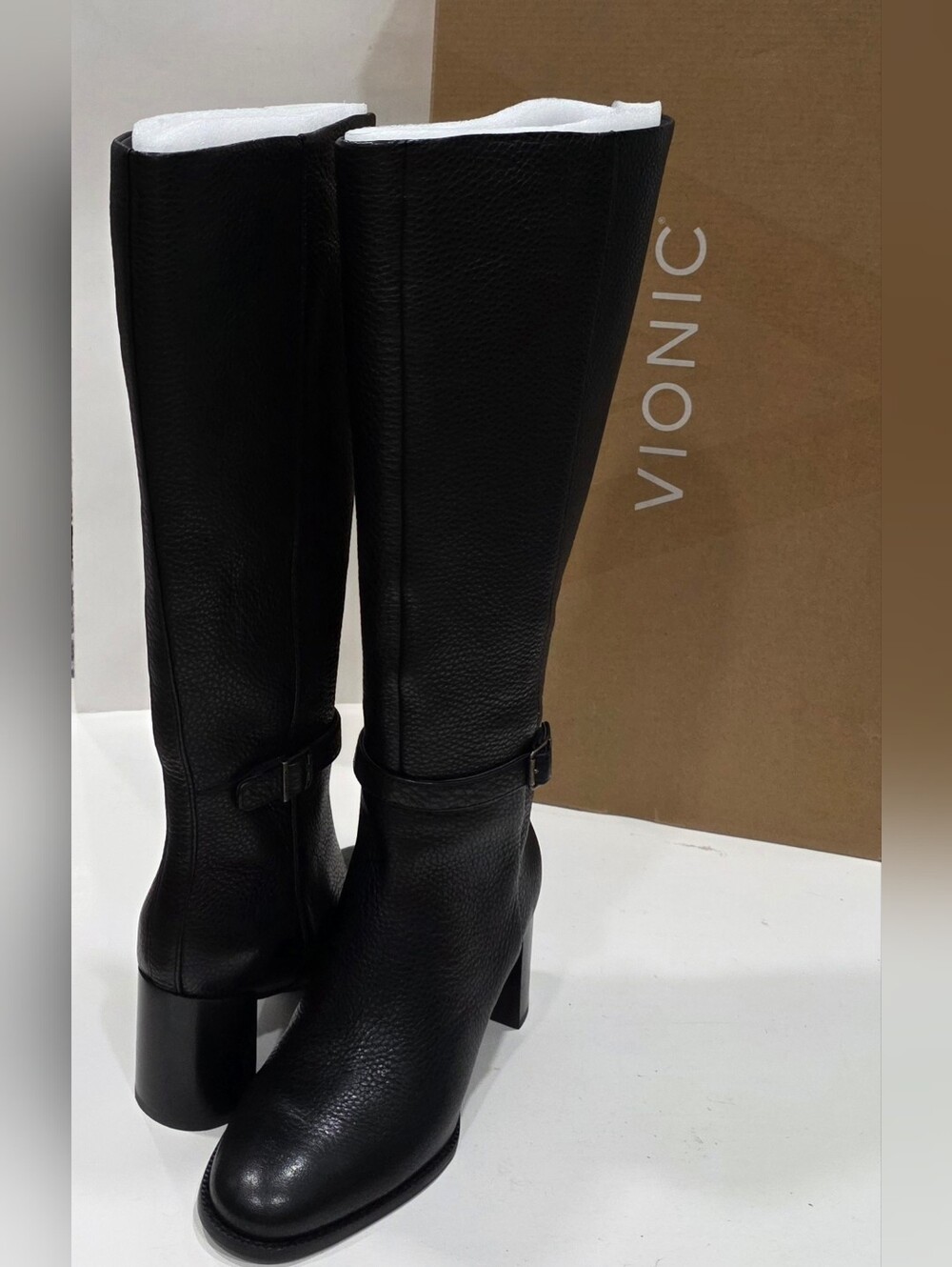 Vionic Valora Wide Calf Boots Women 7 M Black Leather Knee High Block Heel